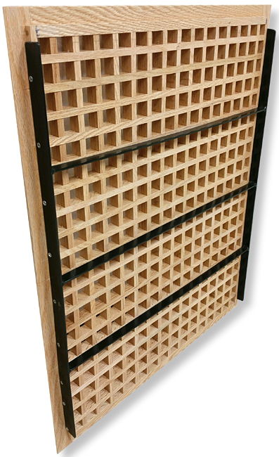 Eggcrate wood floor return grilles with steel bracing as often used in vintage homes in the Victorian, Colonial revival, and craftsman style.